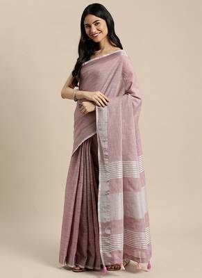 mauve cotton blend saree with zari border & striped pallu 3