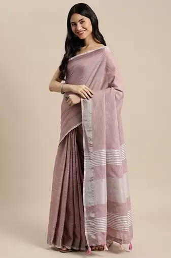 mauve cotton blend saree with zari border & striped pallu