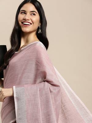 mauve cotton blend saree with zari border & striped pallu 4