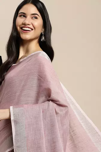 mauve cotton blend saree with zari border & striped pallu