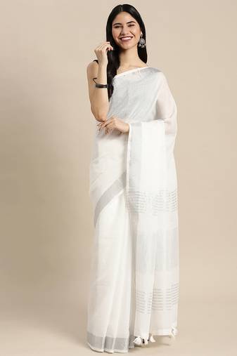 white cotton blend saree with zari border & striped pallu