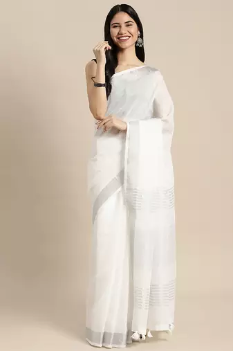 white cotton blend saree with zari border & striped pallu