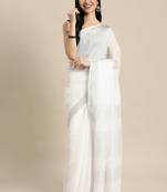 white cotton blend saree with zari border & striped pallu