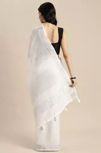 white cotton blend saree with zari border & striped pallu