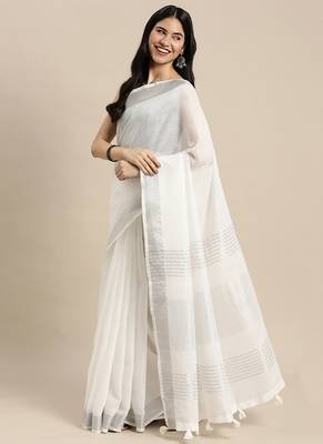 white cotton blend saree with zari border & striped pallu 3