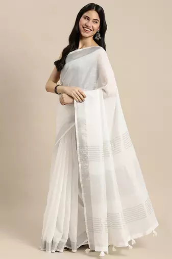 white cotton blend saree with zari border & striped pallu