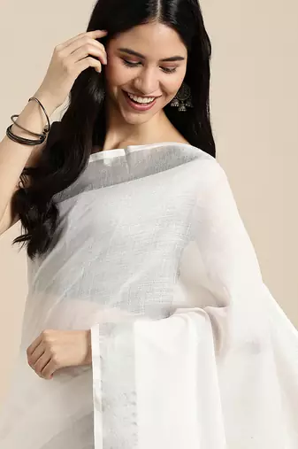 white cotton blend saree with zari border & striped pallu