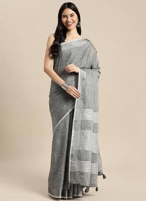 dark grey cotton blend saree with zari border & striped pallu 1