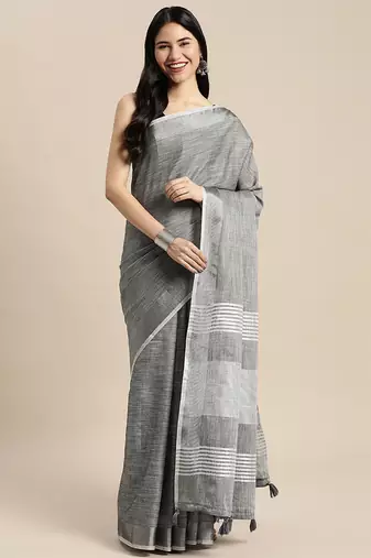 dark grey cotton blend saree with zari border & striped pallu