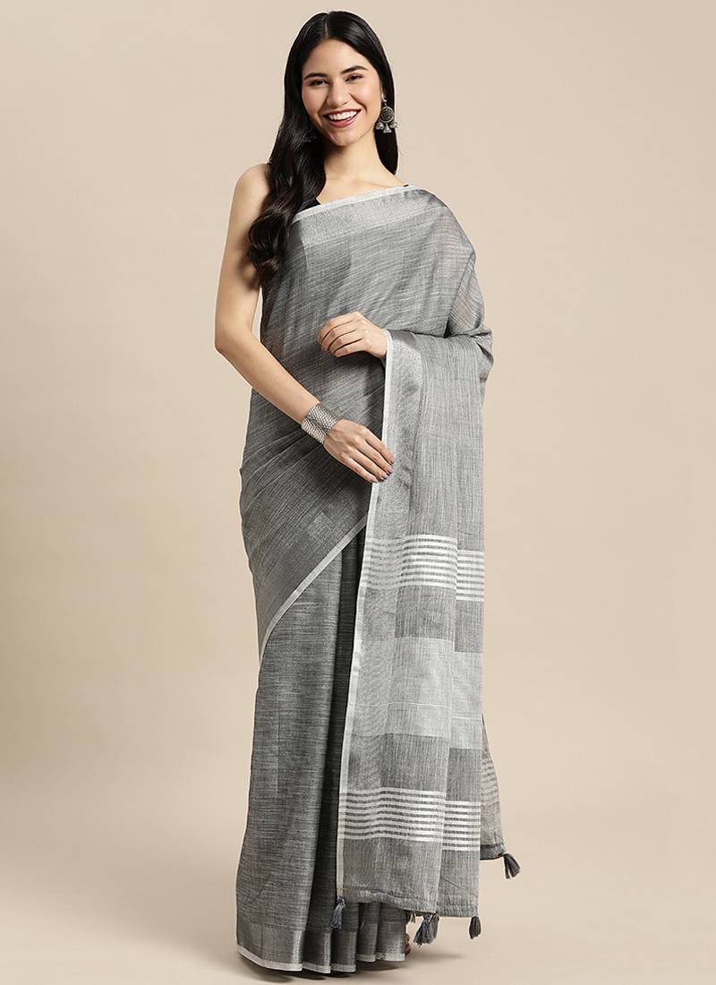 dark grey cotton blend saree with zari border & striped pallu