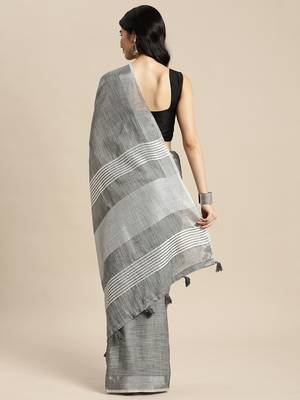 dark grey cotton blend saree with zari border & striped pallu 2