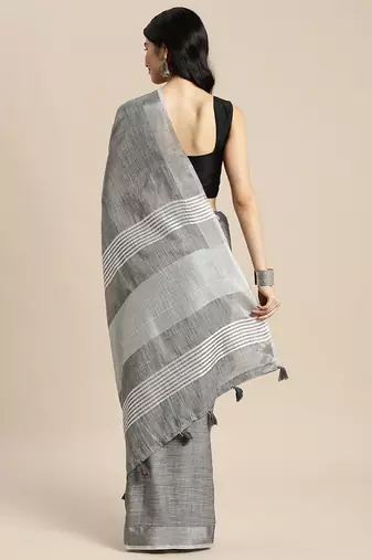 dark grey cotton blend saree with zari border & striped pallu
