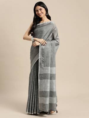 dark grey cotton blend saree with zari border & striped pallu 3
