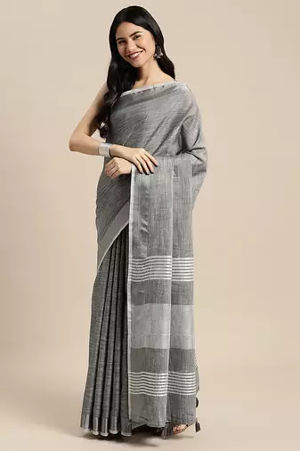 dark grey cotton blend saree with zari border & striped pallu