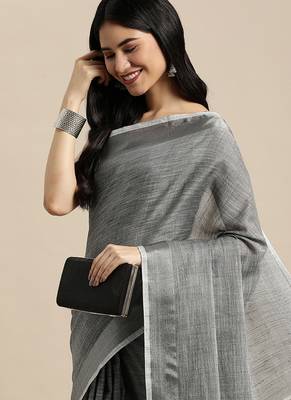 dark grey cotton blend saree with zari border & striped pallu 4