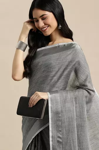 dark grey cotton blend saree with zari border & striped pallu