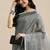 dark grey cotton blend saree with zari border & striped pallu