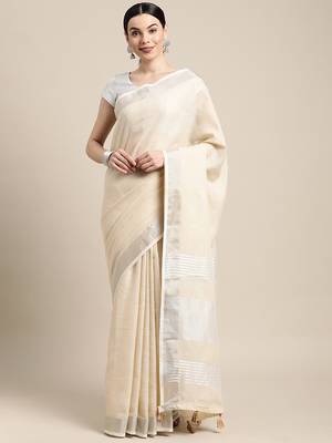 cream cotton blend saree with zari border & striped pallu 1