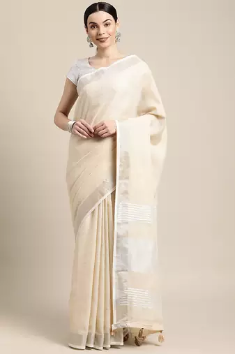 cream cotton blend saree with zari border & striped pallu