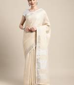 cream cotton blend saree with zari border & striped pallu