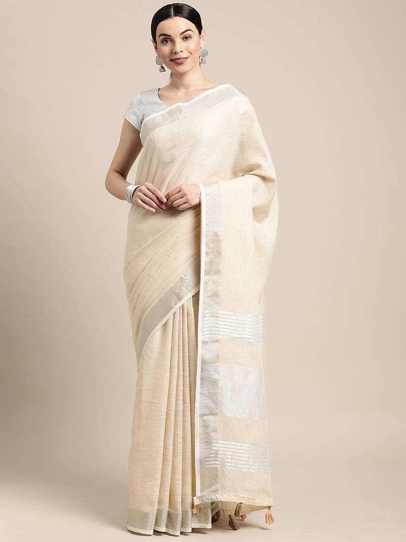 cream cotton blend saree with zari border & striped pallu