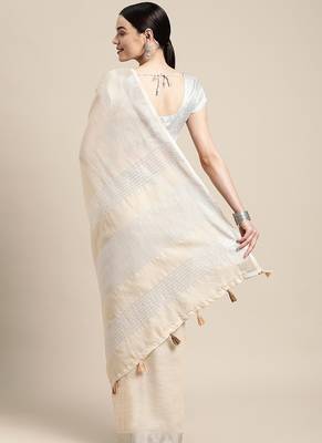 cream cotton blend saree with zari border & striped pallu 2