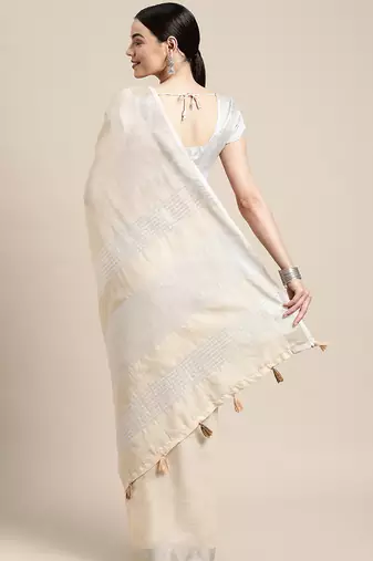 cream cotton blend saree with zari border & striped pallu