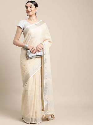 cream cotton blend saree with zari border & striped pallu 3