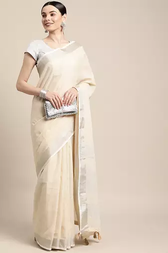 cream cotton blend saree with zari border & striped pallu