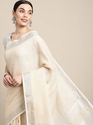 cream cotton blend saree with zari border & striped pallu 4