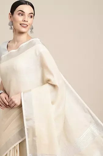 cream cotton blend saree with zari border & striped pallu