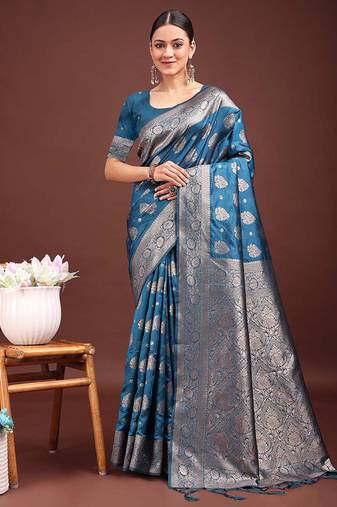 Teal blue banarasi silk blend saree with silver zari buta work