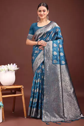 Teal blue banarasi silk blend saree with silver zari buta work