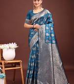 Teal blue banarasi silk blend saree with silver zari buta work