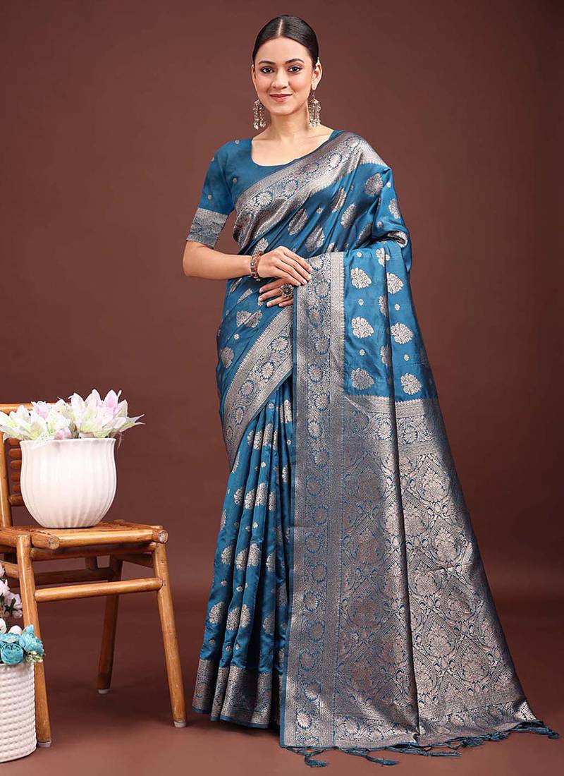 Teal blue banarasi silk blend saree with silver zari buta work