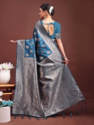 Teal blue banarasi silk blend saree with silver zari buta work 2