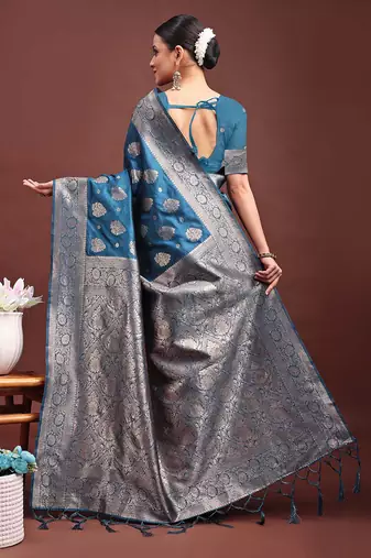 Teal blue banarasi silk blend saree with silver zari buta work