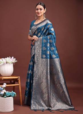 Teal blue banarasi silk blend saree with silver zari buta work 3