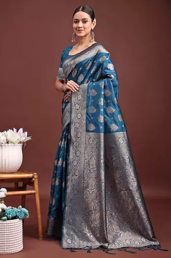 Teal blue banarasi silk blend saree with silver zari buta work