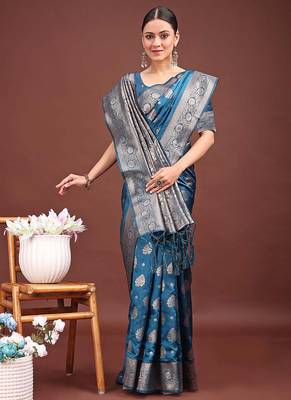 Teal blue banarasi silk blend saree with silver zari buta work 4