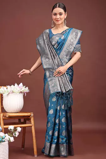 Teal blue banarasi silk blend saree with silver zari buta work
