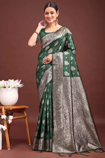 Dark green banarasi silk blend saree with silver zari buta work
