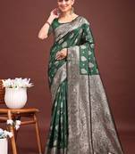 Dark green banarasi silk blend saree with silver zari buta work