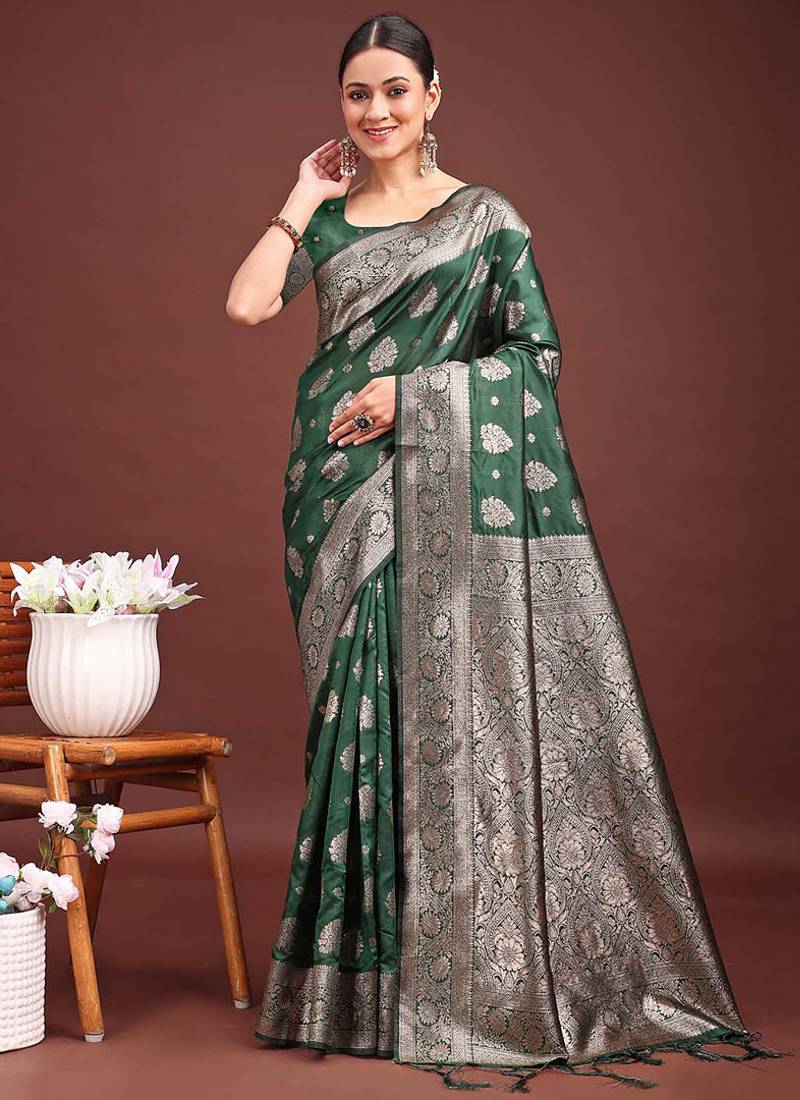 Dark green banarasi silk blend saree with silver zari buta work