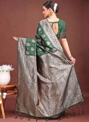 Dark green banarasi silk blend saree with silver zari buta work 2