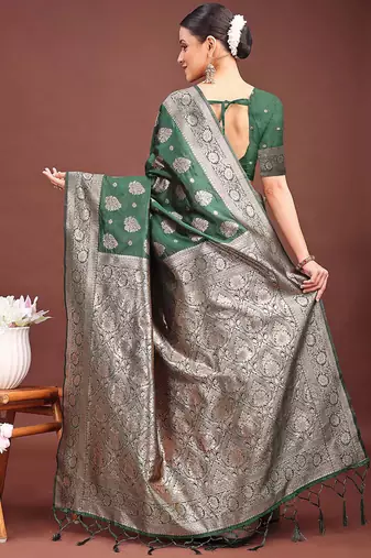 Dark green banarasi silk blend saree with silver zari buta work