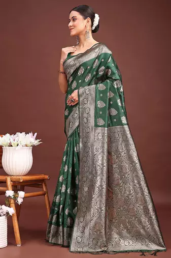 Dark green banarasi silk blend saree with silver zari buta work