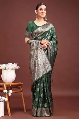 Dark green banarasi silk blend saree with silver zari buta work