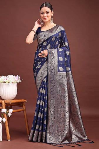 Navy blue banarasi silk blend saree with silver zari buta work