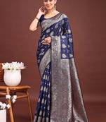 Navy blue banarasi silk blend saree with silver zari buta work